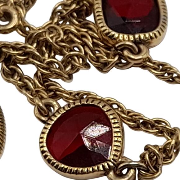 Monet Red Rhinestone Long Necklace, 54", Gold Tone Rope Chain - Picture 9 of 10